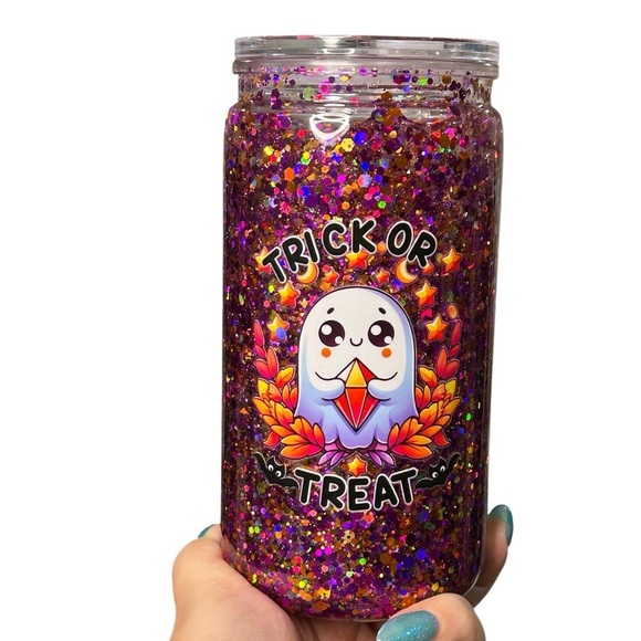 Halloween “Trick or Treat” Glitter Tumbler with Cute Ghost Design - Picture 1 of 5